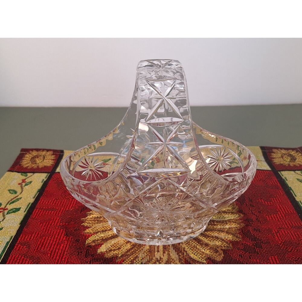Vintage Heavy Cut Crystal Basket Handle Bowl Starburst Candy Dish - 2lbs 13oz